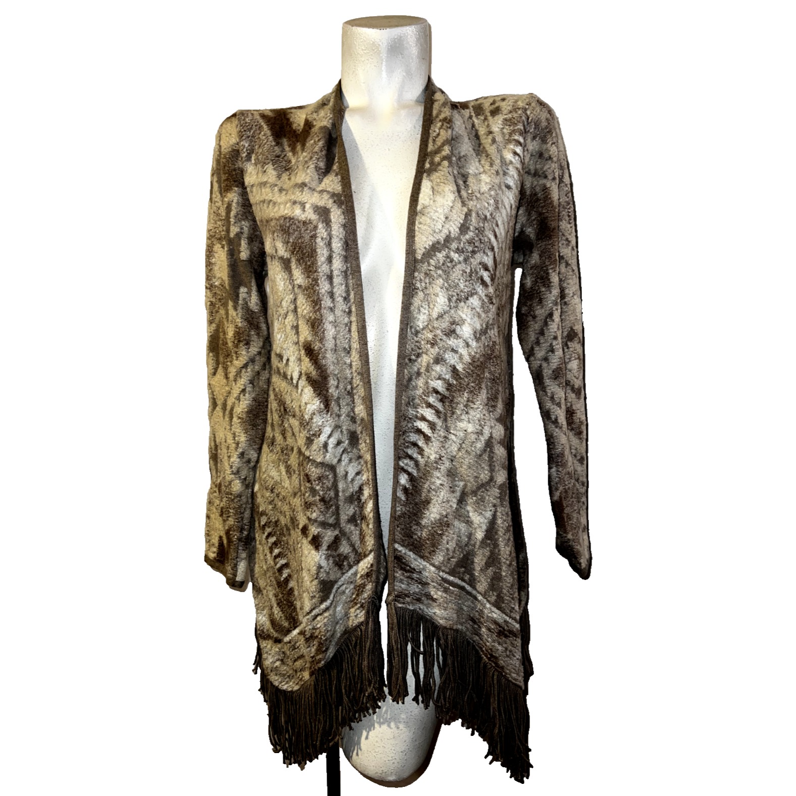 Lucky Brand Womens Brown Geometric Southwestern Fringe Open Front Cardigan S New